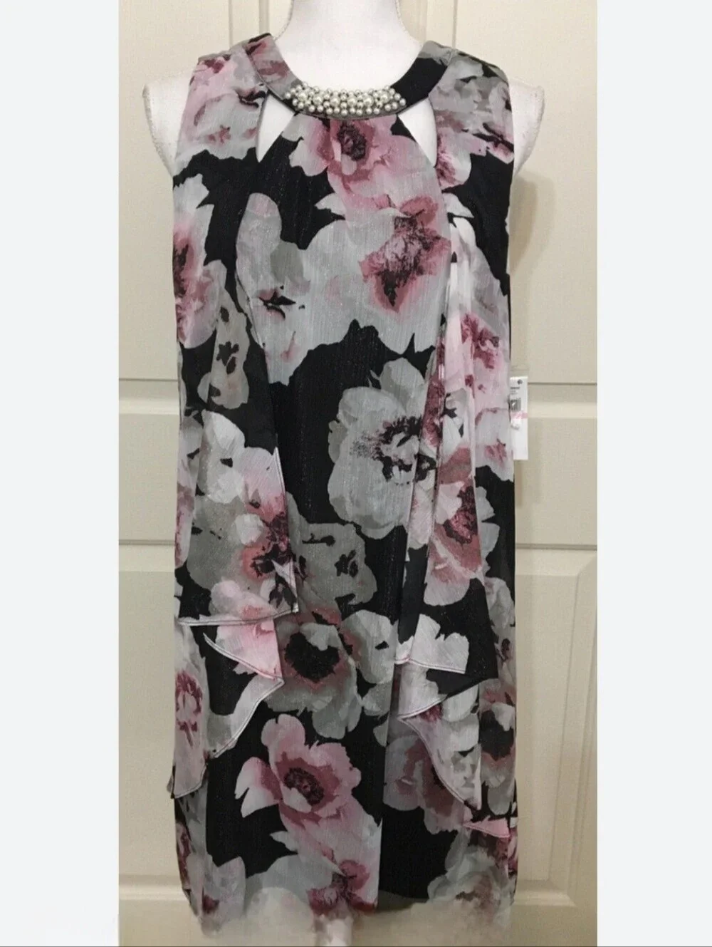 Ignite Evenings Pink Black Gray Chiffon Floral Sleeveless Dress 10